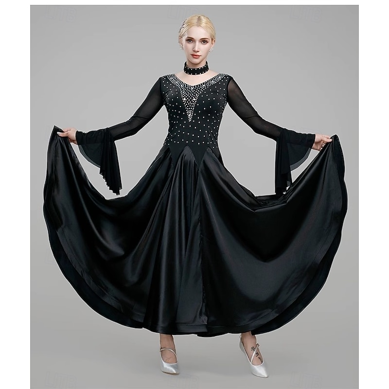 Ballroom Dance Dress Splicing Crystals / Rhinestones Women's Performance Training Long Sleeve Satin Spandex