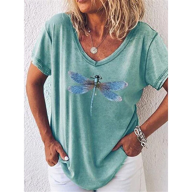 Women's T Shirt Dragonfly Fashion Modern Casual Short Sleeve V Neck Regular Tops Daily Weekend Print Red Blue Gray Summer2