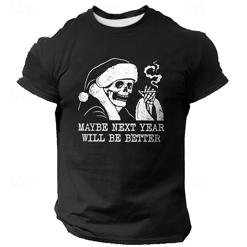 Christmas Men's Cool Skulls Hat Letter Print T Shirt Short Sleeve T shirt 3D Print Crew Neck Shirt Fashion Athleisure Street Sports Outdoor Daily Black Blue Green Summer Spring Clothing Apparel S M L2