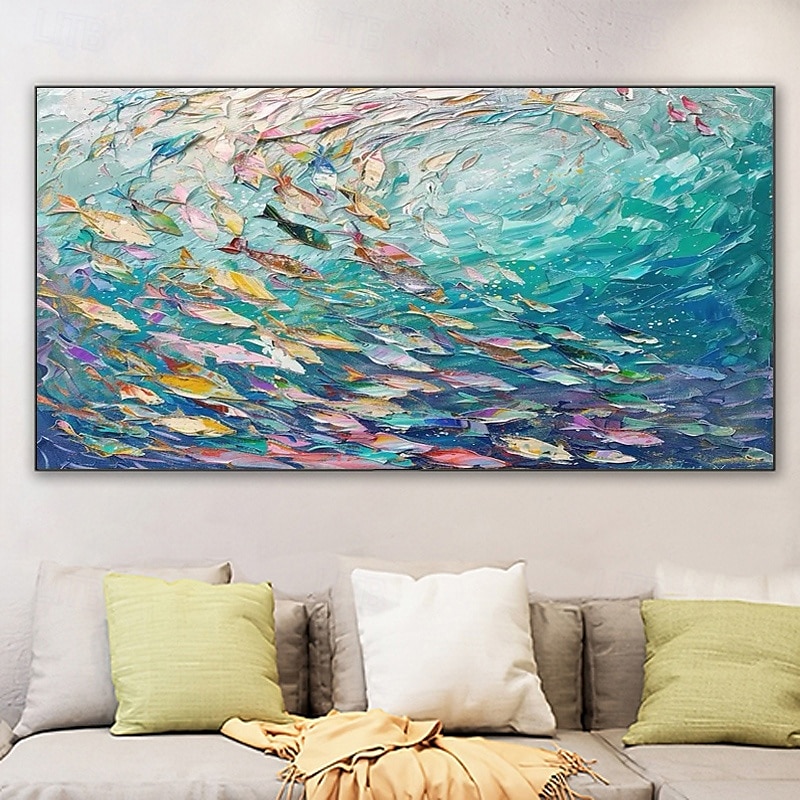 Handmade Abstract Blue Sea Fishes Canvas Painting Nordic Art Graffiti Large Size Modern Living Room Home Decoration Picture No Frame