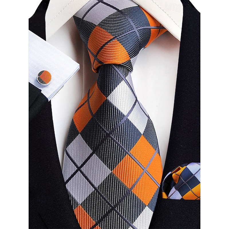 Men's Orange and Navy Plaid Necktie Set with Pocket Square and Cufflinks – Stylish Formal Accessory for Weddings and Business Attire