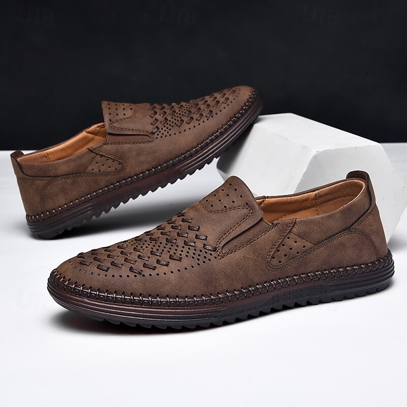 Men's Brown Suede Breathable Slip-On Loafers – Stylish Woven Design Casual Shoes for Summer, Lightweight & Comfortable Walking Footwear4