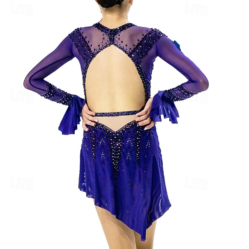 Figure Skating Dress Women's Girls' Ice Skating Dress Purple Patchwork Thumbhole Mesh Spandex Stretchy Training Practice Professional Skating Wear Thermal Warm Crystal / Rhinestone Long Sleeve Ice2