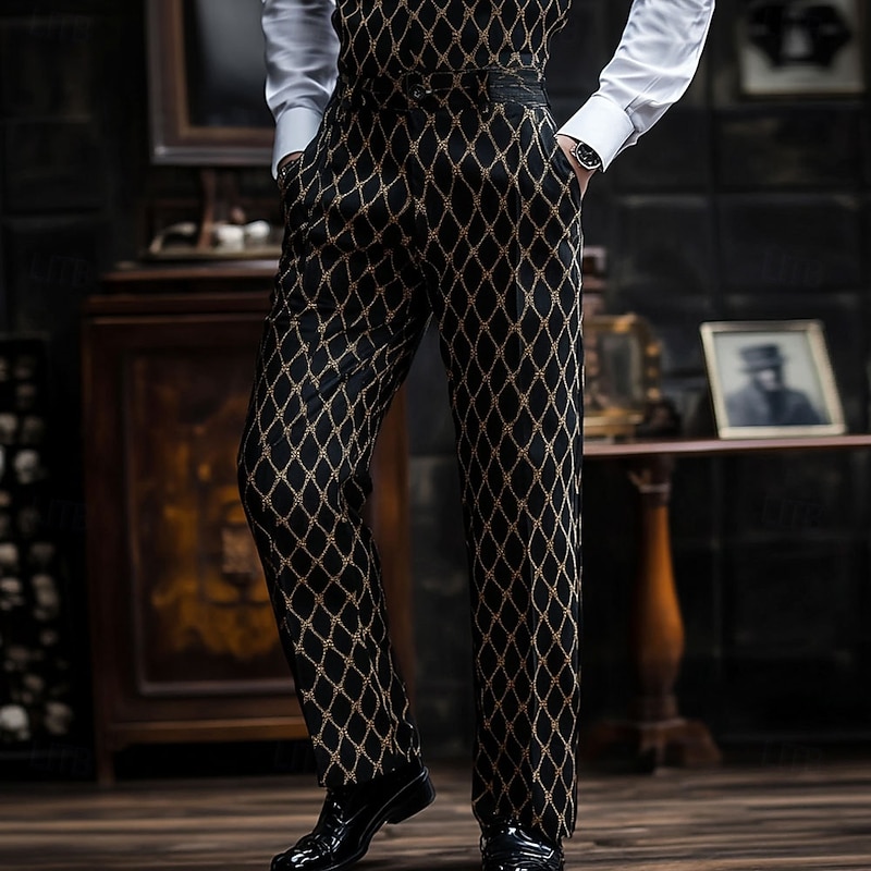 Men's Geometric Pattern Rhombus Dress Pants Mid Waist Business Casual Formal Wedding Dailywear Zipper Pocket Straight Leg Trousers Summer Spring Fall 3D Print Black