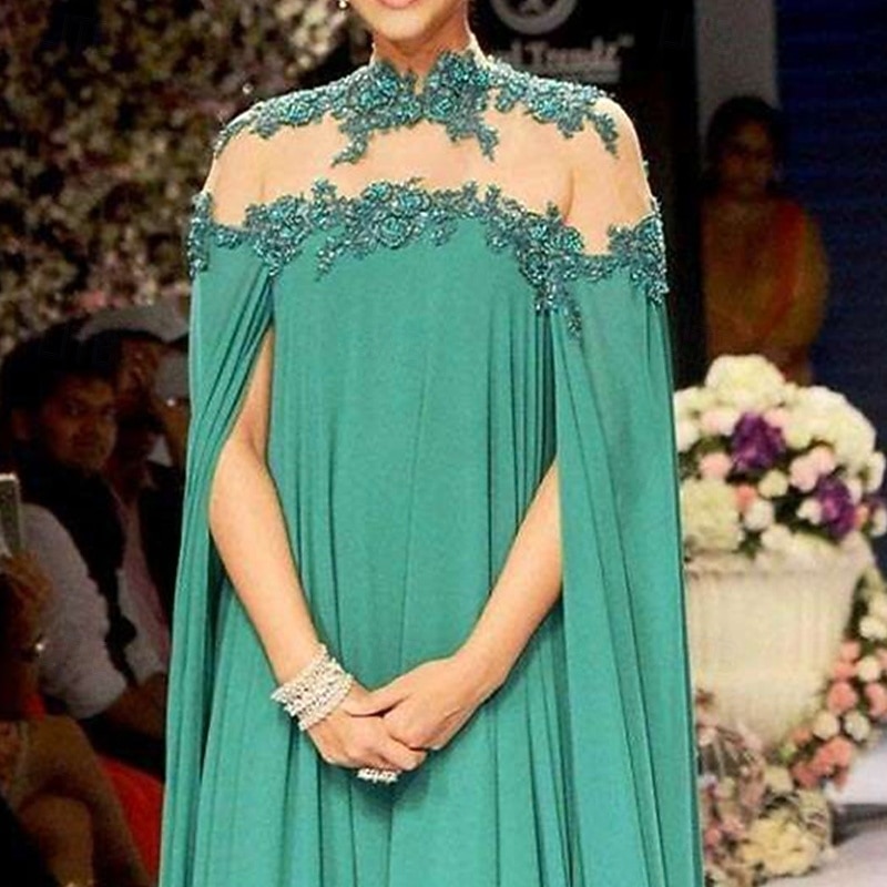 A-Line Evening Gown Elegant Dress Formal Wedding Guest Floor Length Sleeveless High Neck Fall Wedding Guest Chiffon with Appliques Pure Color3