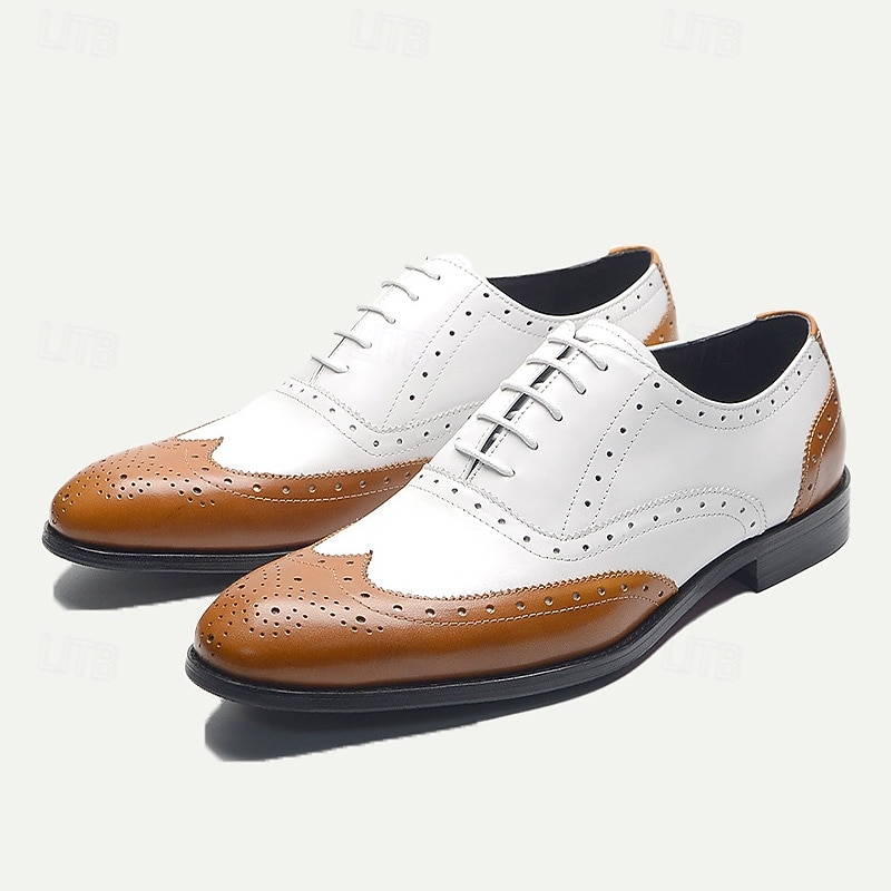 Men's White & Brown Leather Wingtip Oxford Shoes with Brogue Detailing – Premium Cowhide Formal Dress Shoes for Business & Special Occasions2