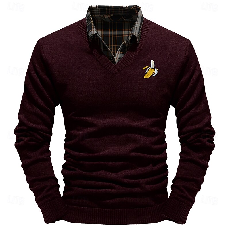 Christmas Men's Banana Pullover Sweater Jumper V Neck Casual Outdoor Daily New Years Eve Sweater Embroidered Knitting Warm Long Sleeve Fall Winter Wine Black White3