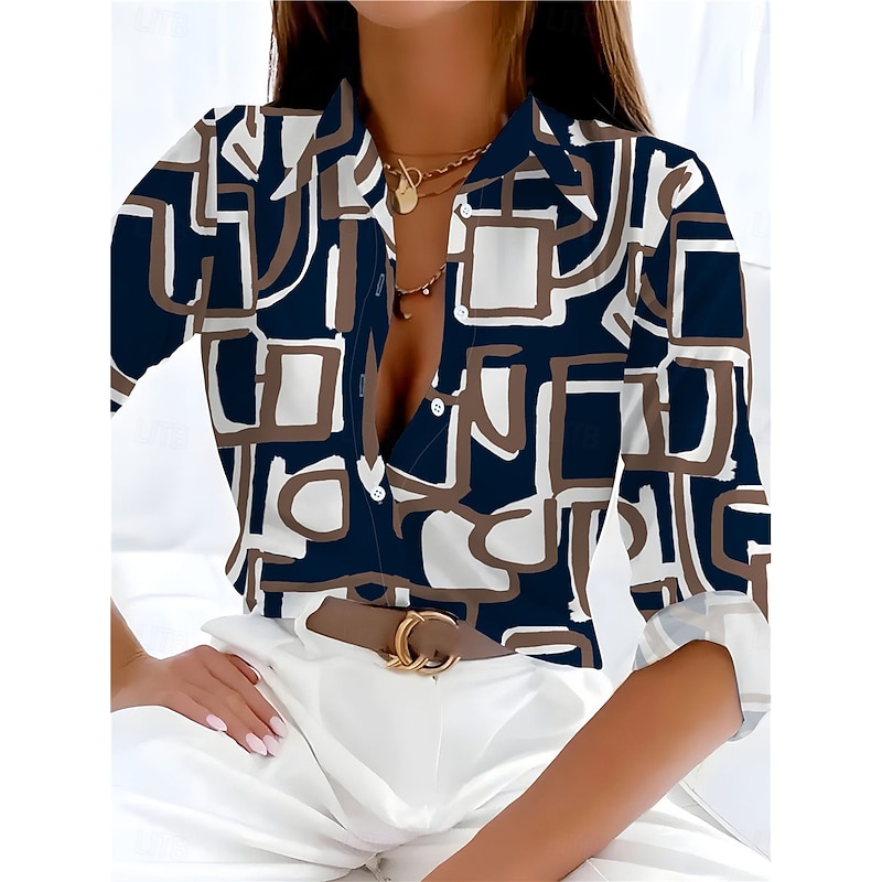 Women's Shirt Button Down Tunic Shirt Collar Long Sleeve Geometric Casual Regular Tops Work Daily s Print Navy Blue Spring Fall Winter2