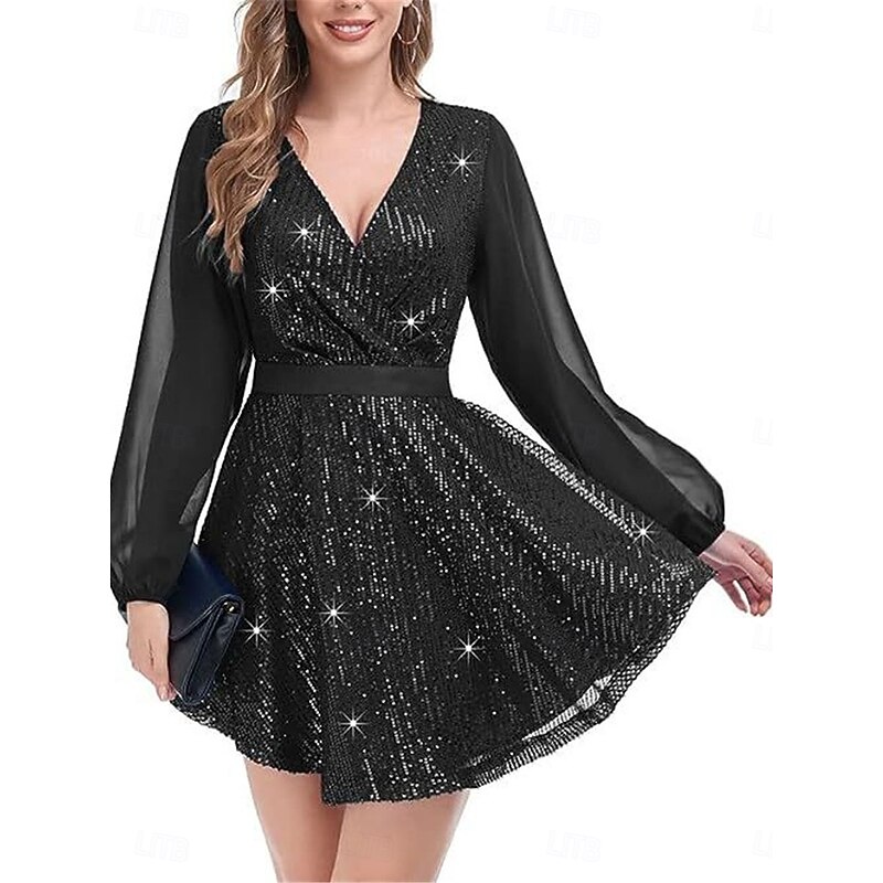 Women's Mini Dress Black Dress Sequin Dress Casual Dress Blazer Dress Casual Party Street Evening Party Regular Fit Plain Long Sleeve V Neck Black Fall Winter