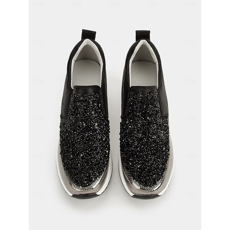 Women's Black Slip-On Sneakers with Glitter Embellishments and Platform Sole – Stylish Casual Shoes for Everyday Wear4