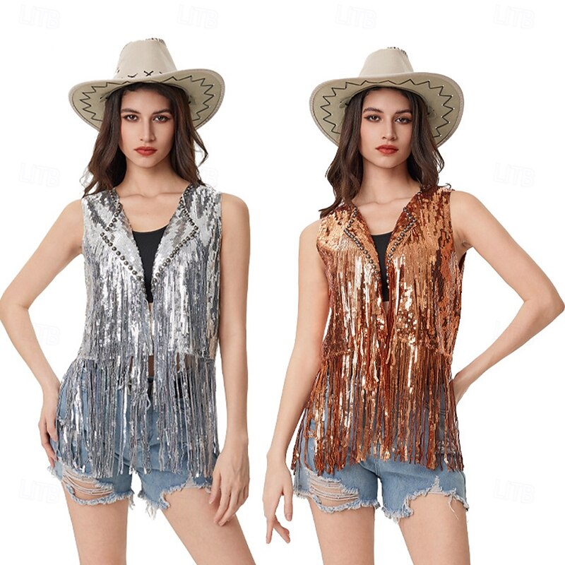 Retro Vintage 1960s 1970s Vest Hippie Disco Sequins Tassel Fringe Fancy Dress Women's Girls' Christmas Halloween Carnival Performance Event / Party Pride Parade Adults' Vest2