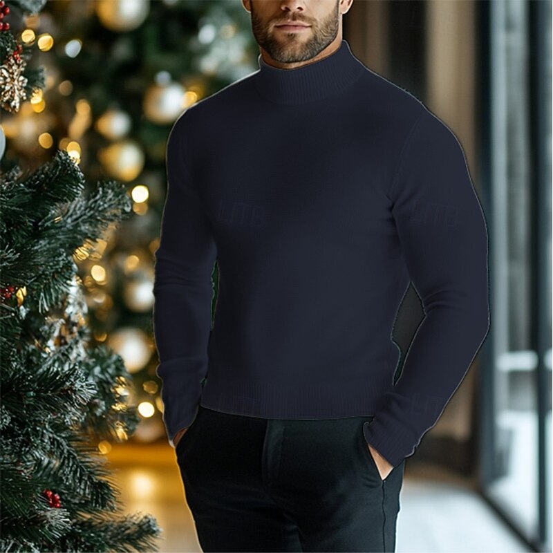 Men's Pullover Sweater Jumper Knit Sweater Ribbed Knit Regular Knitted Plain Turtleneck Fashion Casual Daily Wear Date Clothing Apparel Fall & Winter Black White S M L4