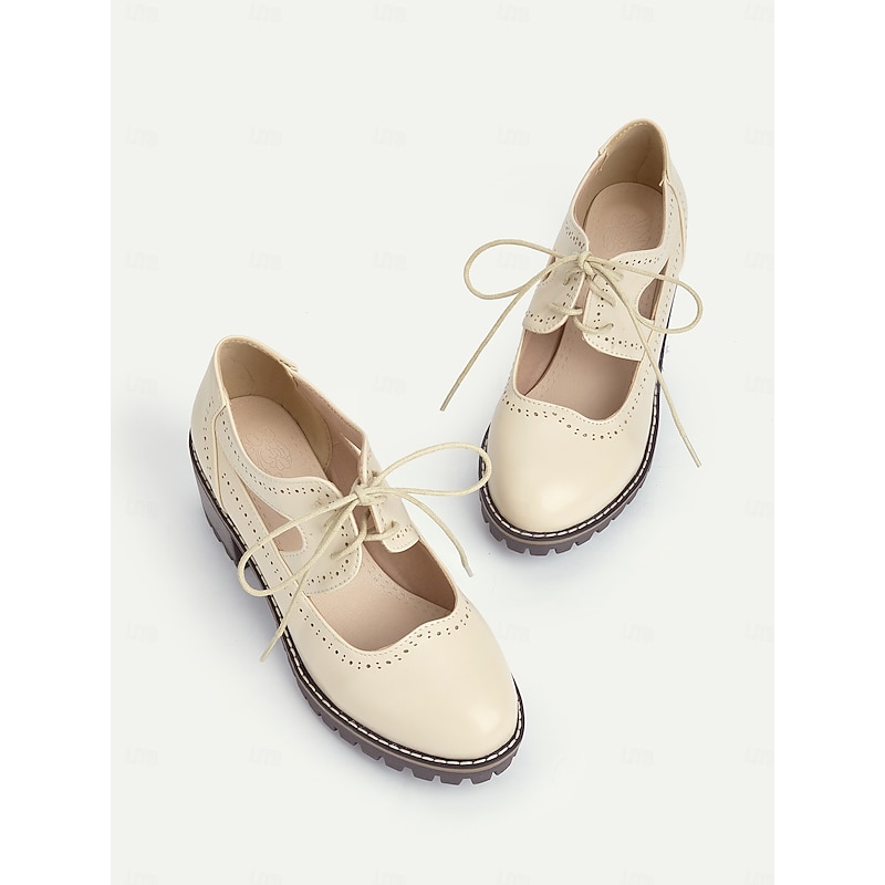 Women's Cream Lace-Up Oxford Shoes with Cut-Out Design and Chunky Sole – Vintage Casual Footwear for Everyday Wear4