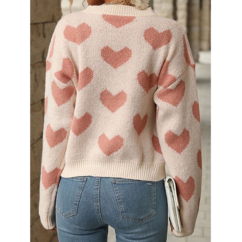 Women's Valentine Sweater Casual Soft Heart Ribbed Crew Neck Knitted Long Sleeve Regular Tops Knit Outdoor Daily Weekend Pink Fall Winter2