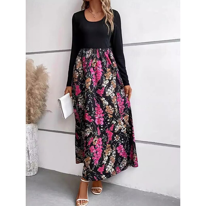 Women's Floral Crew Neck Maxi Dress Long Sleeve Spring Fall
