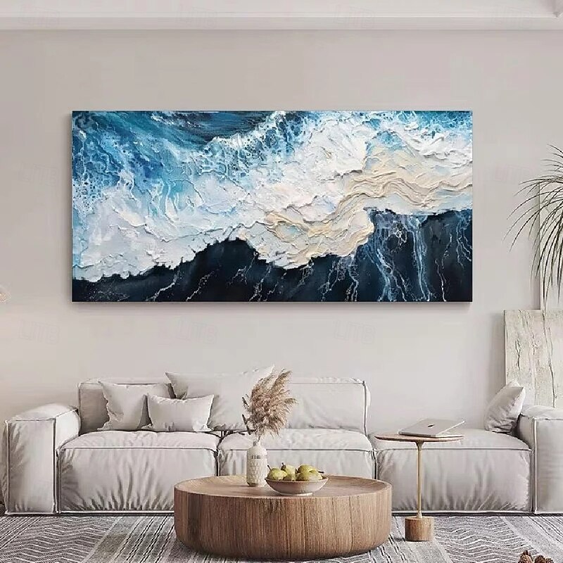 Large Sea Canvas Oil Painting Handmade Blue Sea Landscape Abstract White Wave Painting Textured Sea Painting christmas Gift for Living Room Decor  Beach Painting Textured Wall Art Ocean Wave Painting