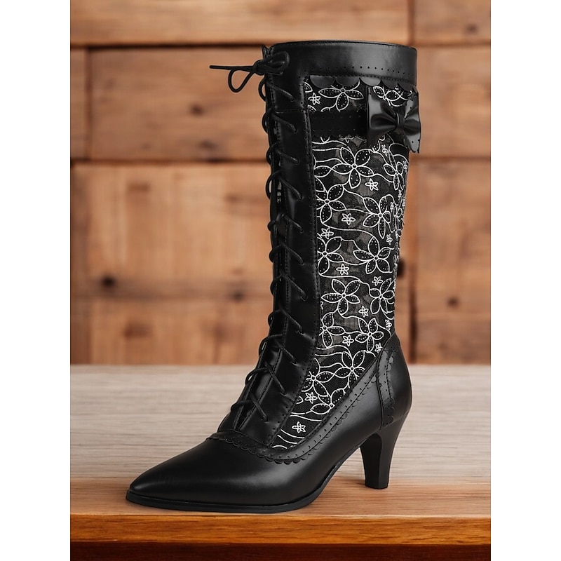 Women's Victorian Lace-Up Boots with Floral Lace Panels, Bow Detailing, and Pointed Toe – Elegant Retro Style for Cosplay, Parties, and Special Occasions2