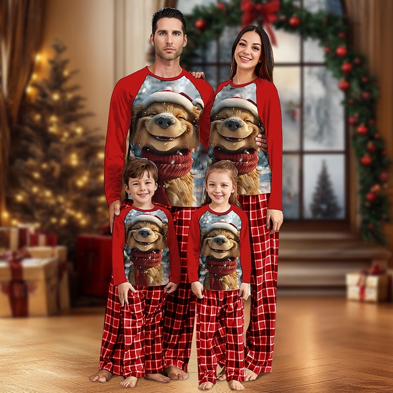 Puppy Family Christmas Pajamas Nightwear Men's Women's Boys' Girls' Family Matching Outfits Sweet Plaid Pattern Adults Kid's Christmas New Year Christmas Eve Christmas Vacation Home Wear Top Pants3