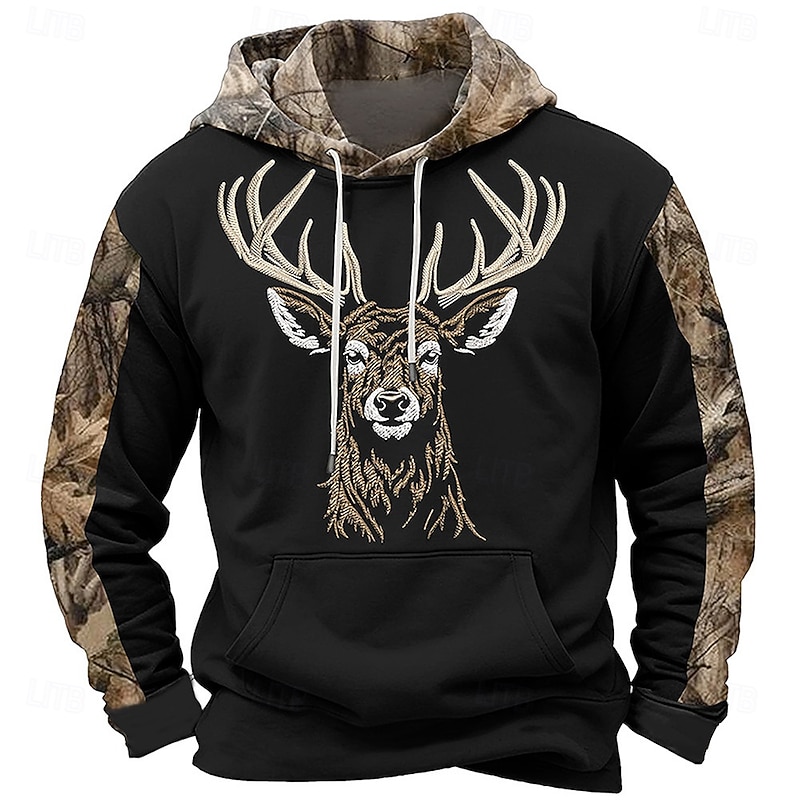 Men's Cowboy Deer Hoodies Daily Casual Long Sleeve Hooded Vacation Sports Outdoor Streetwear Black Yellow Print Front Pocket Spring &  Fall Designer3