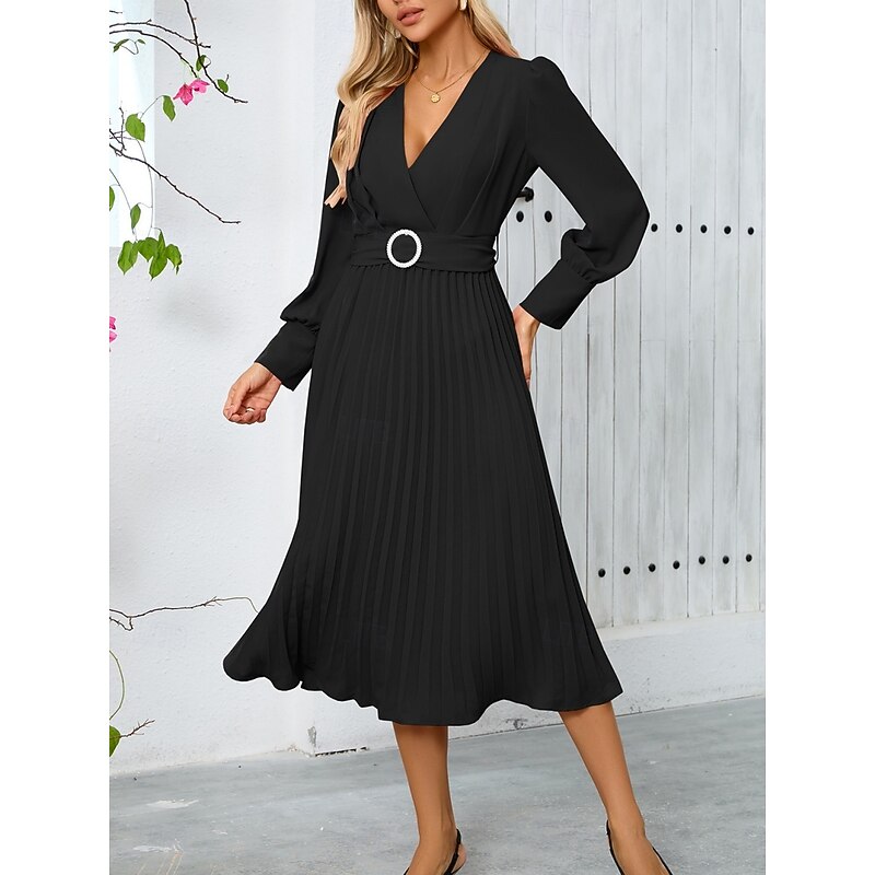 Women's Casual Dress Midi Dress Belted Casual V Neck Long Sleeve Black Green Color
