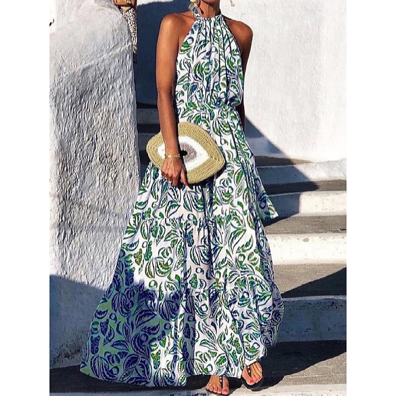 Women's Floral Halter Neck Maxi Dress Long Sleeve Summer Spring