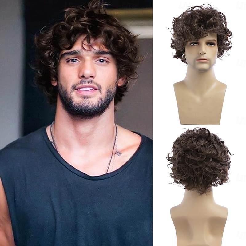 Mens Curly Wig Brown Layered Short Wig Synthetic Halloween Cospaly Hair Wig