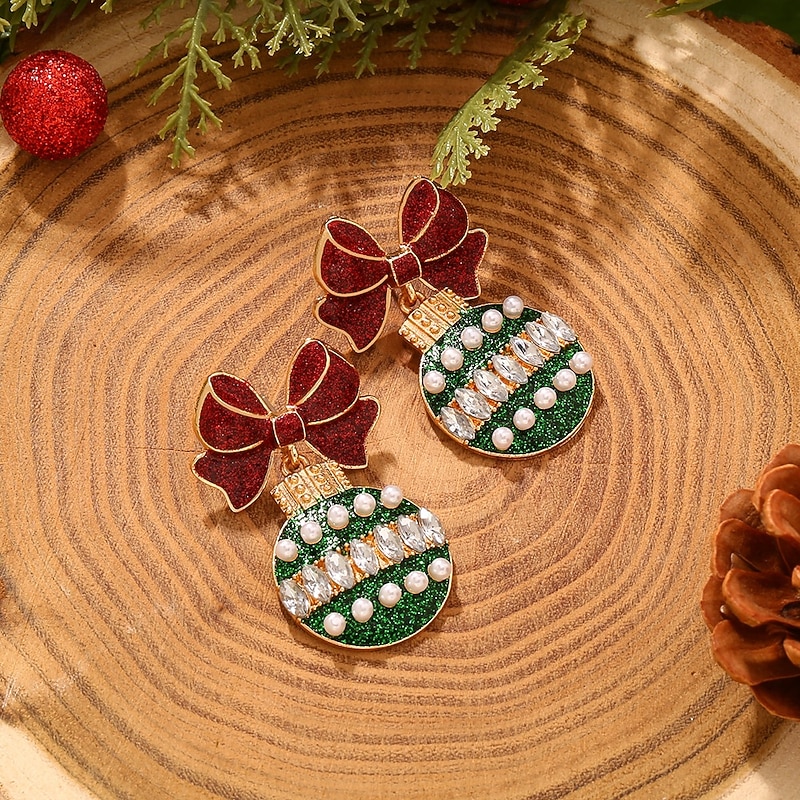 Women's Festive Christmas Ornament Earrings with Red Bow and Green Glitter Accents – Holiday Party Jewelry