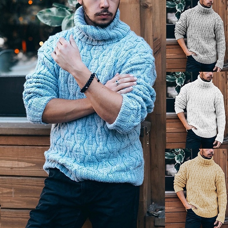Men's Pullover Sweater Jumper Knit Sweater Mens Turtle Neck Jumper Ribbed Cable Knit Regular Knitted Plain Turtleneck Fashion Basic Daily Wear Date Clothing Apparel Fall & Winter White Yellow S M L