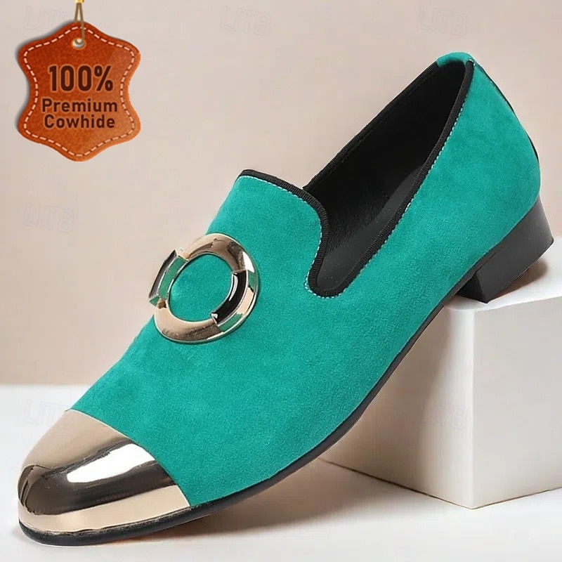 Men's Green Suede Loafers with Metallic Cap Toe and Circular Buckle – Premium Cowhide Dress Shoes for Formal & Casual Wear