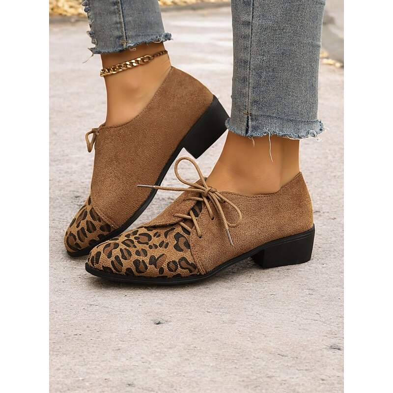 Brown Faux Suede Leopard Print Oxford Shoes - Stylish Lace-Up Flats for Women, Perfect for Casual and Vintage Looks2