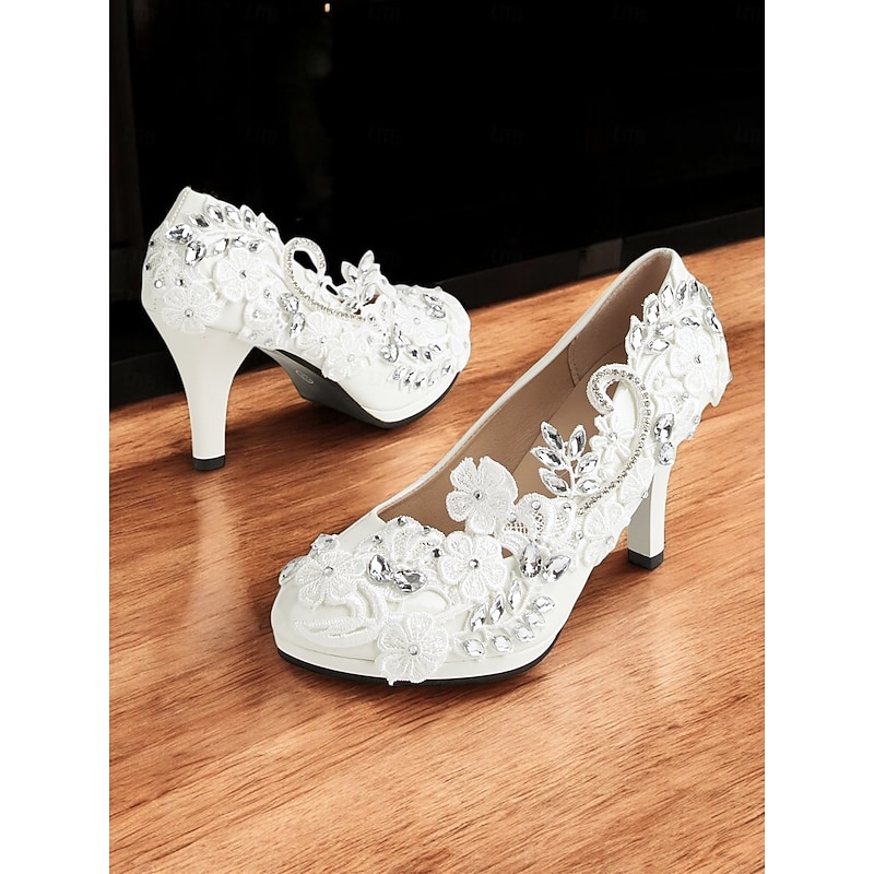 Women's Floral Lace and Rhinestone Embellished Wedding Heels – Elegant Bridal Shoes with Flower Appliqué for Special Occasions4