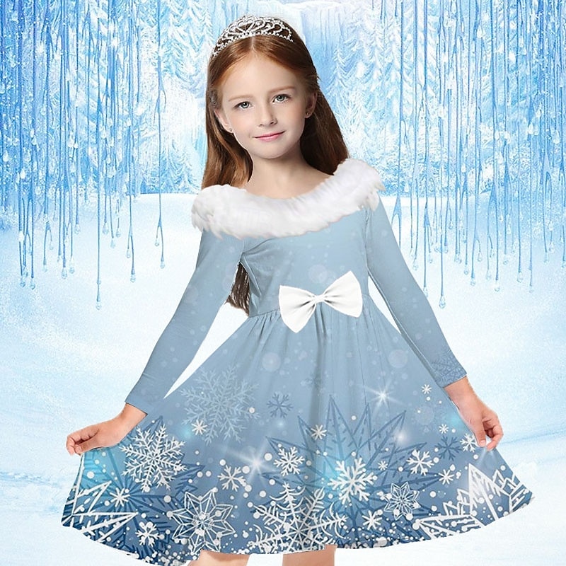 Kids Girls' Dress Snowflake Long Sleeve Casual Fur Trim Crewneck Adorable Daily Polyester Above Knee Casual Dress Swing Dress A Line Dress Fall Winter 2-13 Years Navy Blue Blue Sky Blue2