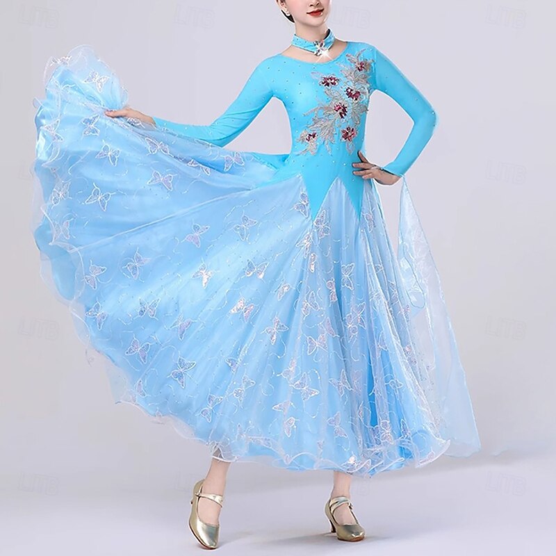 Ballroom Dance Dress Splicing Crystals / Rhinestones Paillette Women's Performance Party Long Sleeve Mesh Spandex Organza