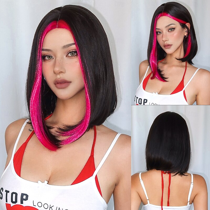 Cosplay Costume Wig Straight kinky Straight Bob Middle Part Wig 16 inch Black / Red Synthetic Hair Women's Elastic Adorable Comfortable Natural Black - Main Image
