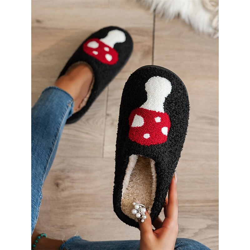 Women's Cozy Black Indoor Slippers with Red Mushroom Embroidery - Plush Lining, Non-Slip Sole, Perfect for Winter Home Relaxation4