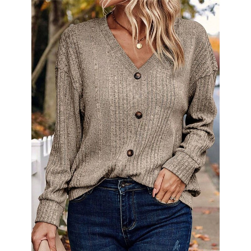Women's Sweater Casual Soft Pure Color Ribbed V Neck Buttons Knitted Long Sleeve Regular Tops Knit Outdoor Daily Weekend Black Khaki Fall Winter - Main Image