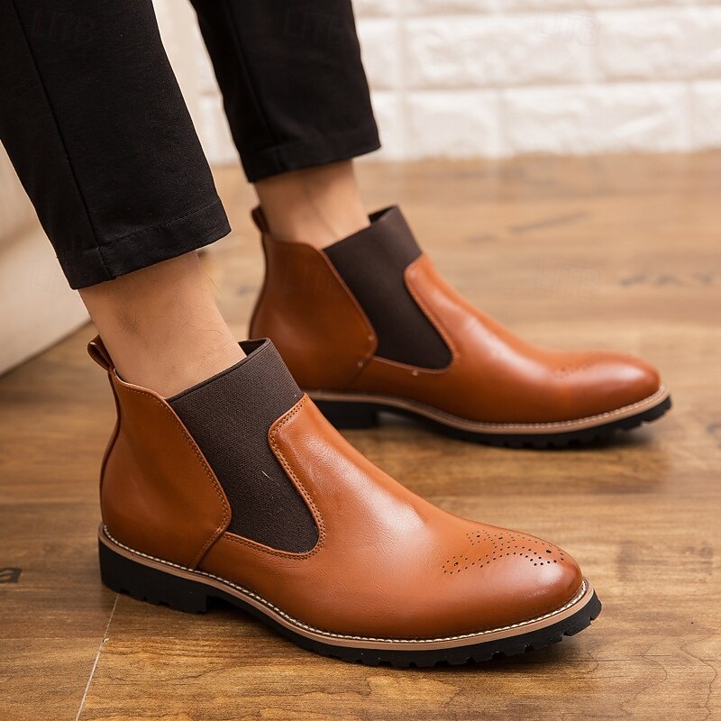 Men's Brown Faux Leather Chelsea Boots – Stylish Slip-On Ankle Boots with Rugged Tread and Perforated Detailing4