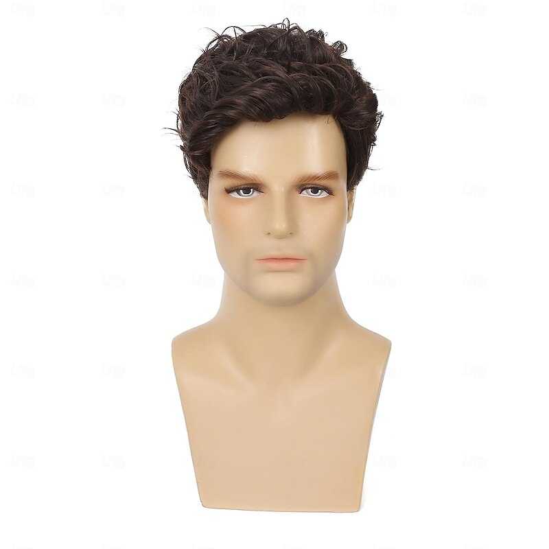 Mens Short Curly Brown Wig Synthetic Halloween Party Cosplay Costume Full Wigs for Men2