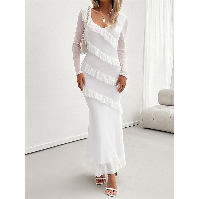 Women's Casual Dress Maxi Dress Ruffle Vacation Date Elegant Streetwear V Neck Long Sleeve Black White Burgundy Color3