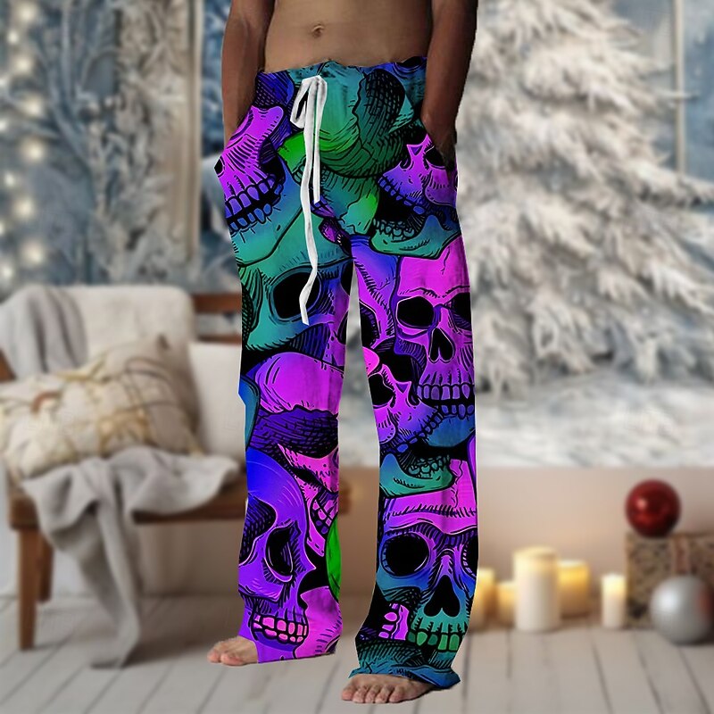 Men's Skulls Pants Trousers Mid Waist Drawstring Elastic Waist Casual Horror Outdoor Party Evening Wear Holiday Straight Leg Trousers Summer Spring Fall 3D Print Red Purple Green3