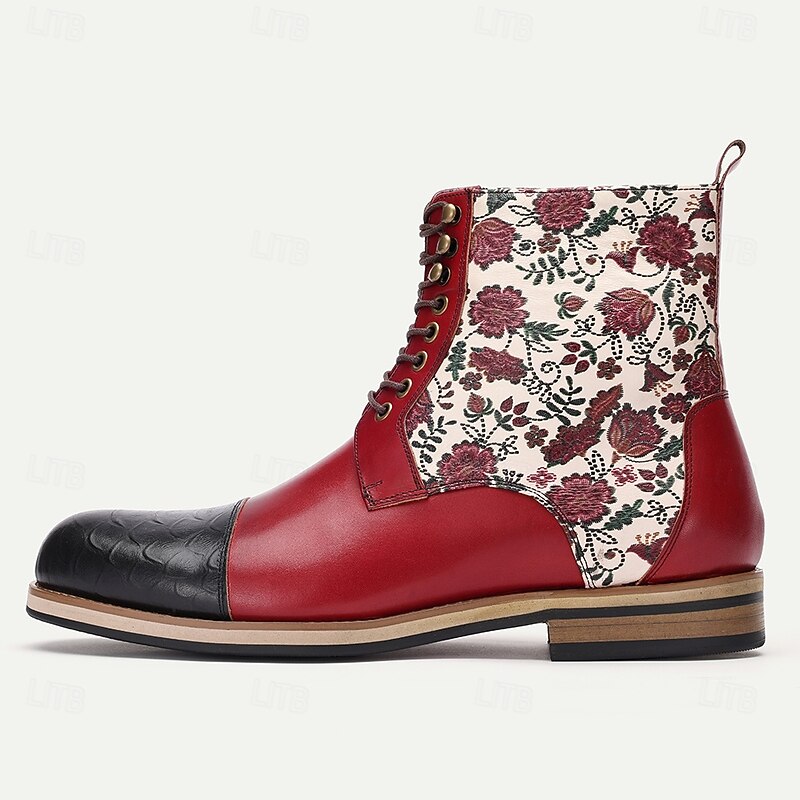 Men's Red & Black Floral Leather Ankle Boots with Lace-Up Design and Textured Toe – Premium Cowhide Fashion Boots for Formal & Casual Wear3