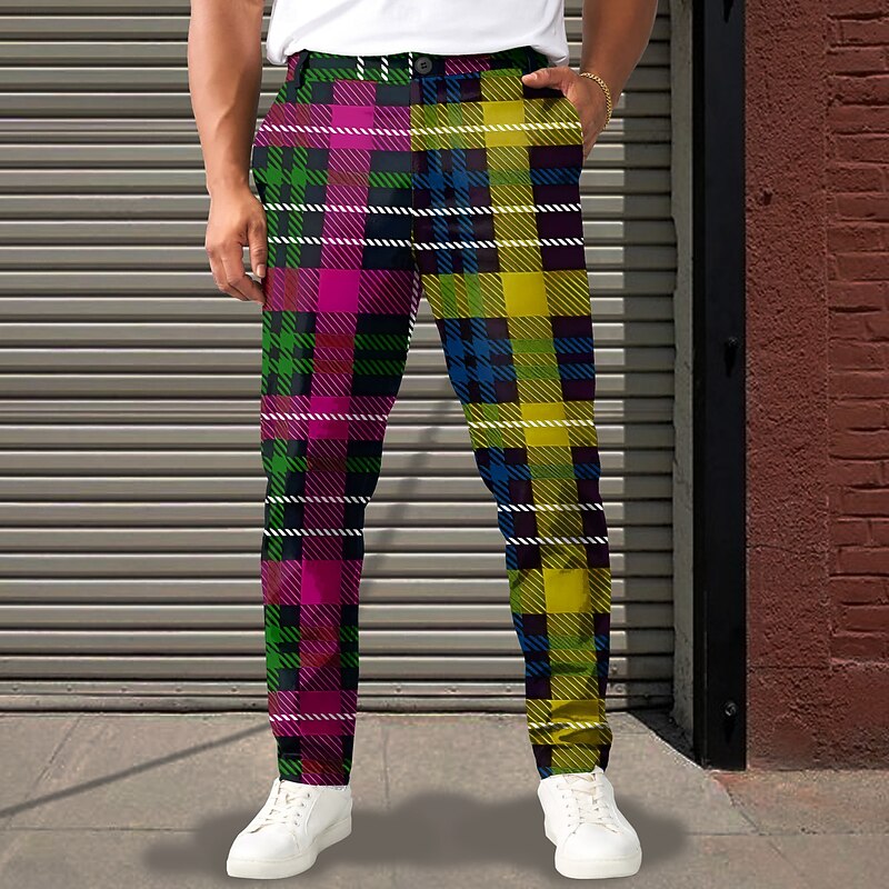 Men's Geometric Color Block Plaid / Check Dress Pants Mid Waist Business Casual Formal Street Dailywear Zipper Pocket Summer Spring Fall 3D Print Yellow Red Blue3