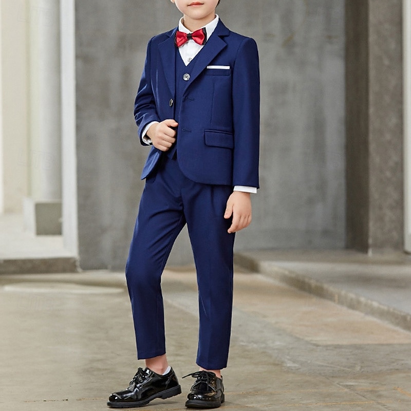 4 Pieces Ring Bearer Suit Boys Kids Suit Formal Suit Blazer & Vest & Pants & Tie Formal Party Valentines Fashion Cool Solid Color Pocket Black Navy Blue Polyester3