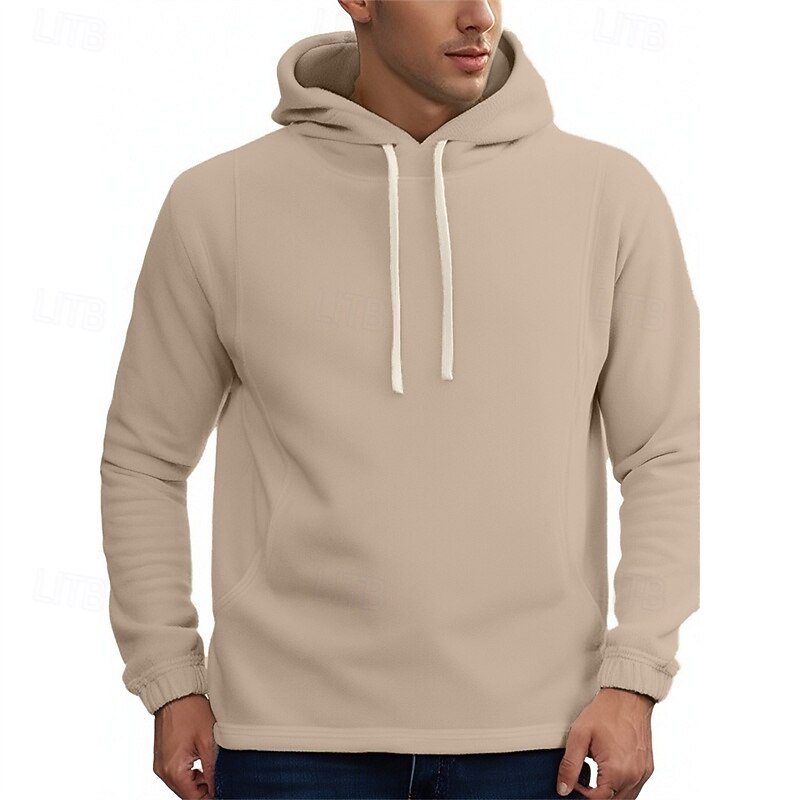 Men's Hoodie Sweatshirt Polar Fleece Black Army Green Khaki Dark Gray Light Blue Hooded Plain Drawstring Ribbed Front Pocket Sports & Outdoor Daily Holiday Polyester Streetwear Basic Casual Fall2