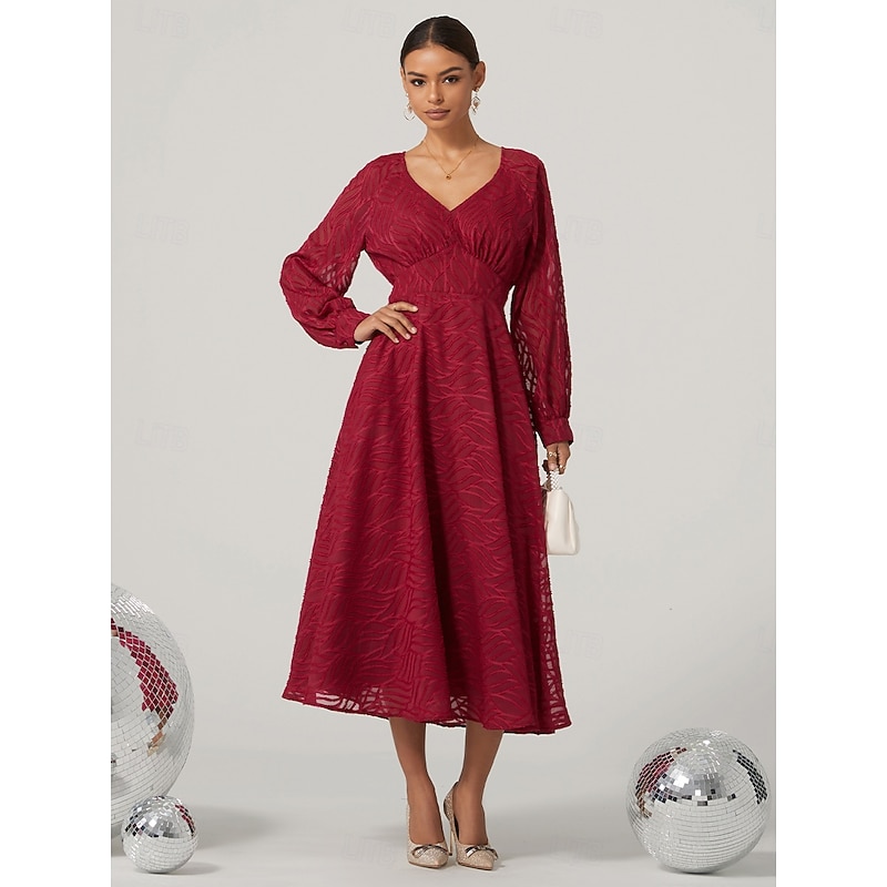 Women's Midi Dress Lace Dress Vintage Dress Elegant Vintage Formal Party Regular Fit Long Sleeve V Neck Wine Fall Winter3