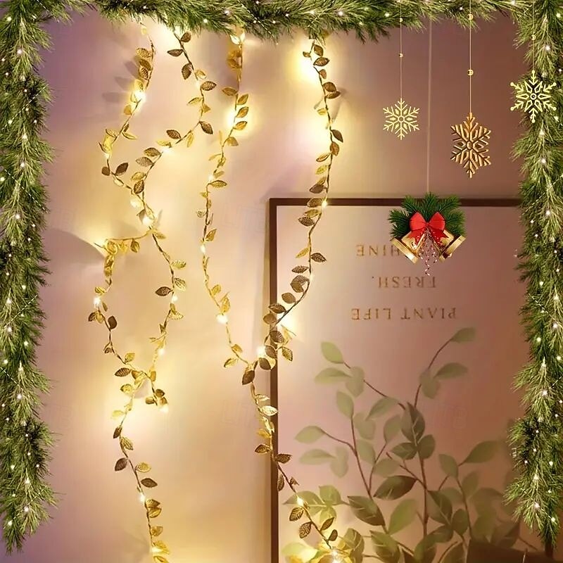Elegant Wedding Reception Party Golden Leaf Garland String Lights 2m 20LED 5m 50LED Battery Operated Fairy Lights for Christmas Home Valentine's Day Birthday Wedding Holiday Party Decoration