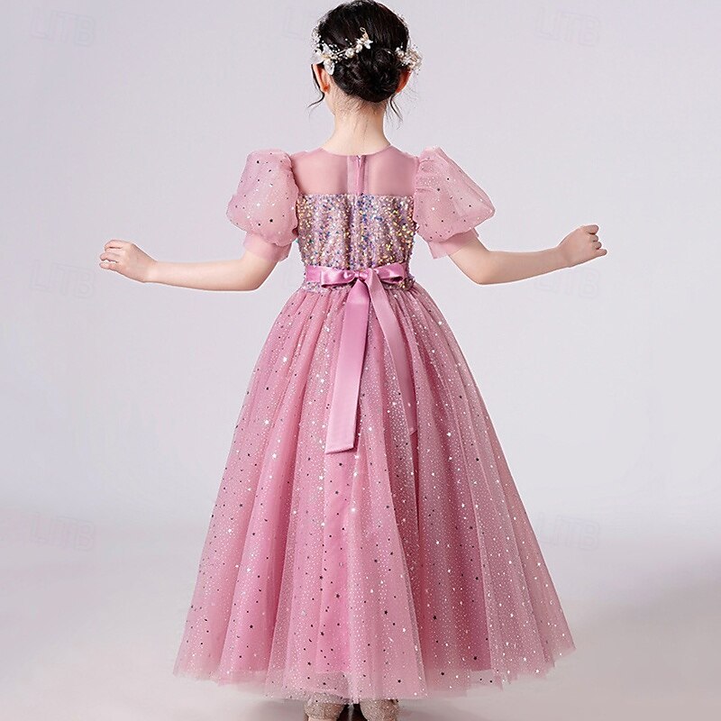 Flower Girl Dress Kid's Girls' Princess Dress Performance Wedding Party Elegant Beautiful Mesh Solid Color Short Sleeve Crew Neck White Pink 4 years+4