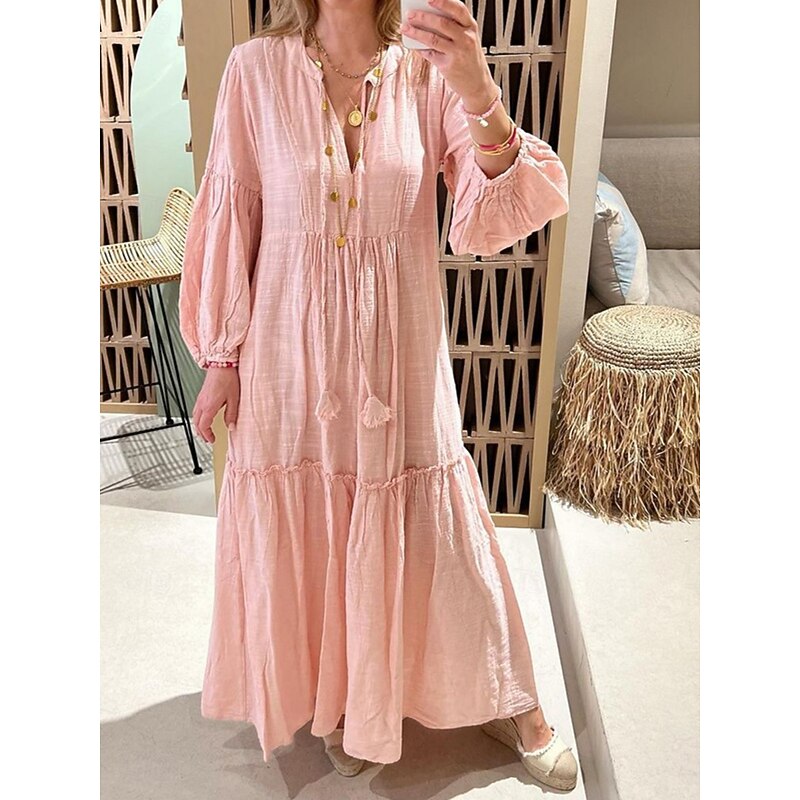 Women's Maxi Dress Linen-Inspired Dresses Casual Dress Swing Dress Plain Dress Casual Sports & Outdoor Street Regular Fit Plain Long Sleeve V Neck Pink Spring Fall
