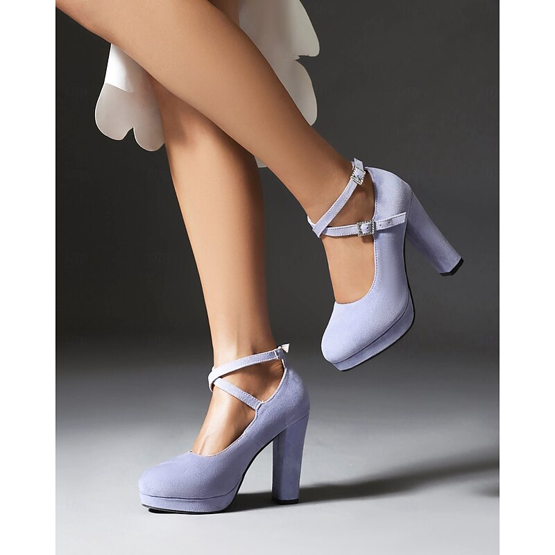 Women's Platform Faux Suede Mary Jane Pumps - Chunky High Heel Shoes with Rhinestone Buckle for Formal Events2