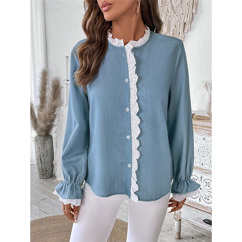 Women's Shirt Blouse Solid Color Basic Casual Long Sleeve V Neck Regular Tops Daily Lace Patchwork Buttons Blue Fall Winter